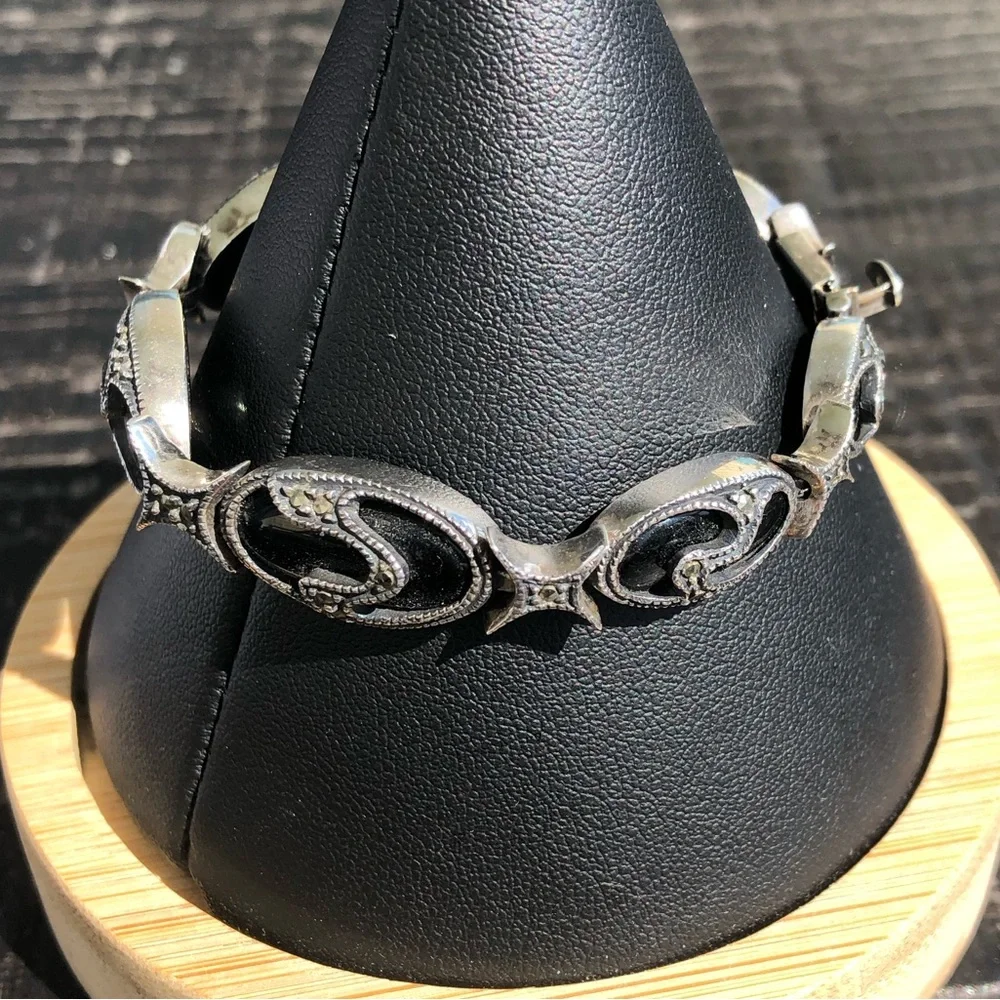 JUDITH JACK Vintage Black Onyx Marcasite Sterling Silver Art Deco Bracelet